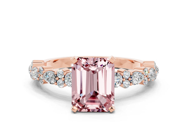 Rose gold Emerald Cut Morganite Side Stone Solitaire Ring with Round  and Four-Prong Setting