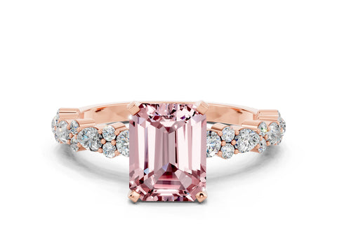 Rose gold Emerald Cut Morganite Solitaire with Side Stones, Pave Band, Four-Prong Setting_48