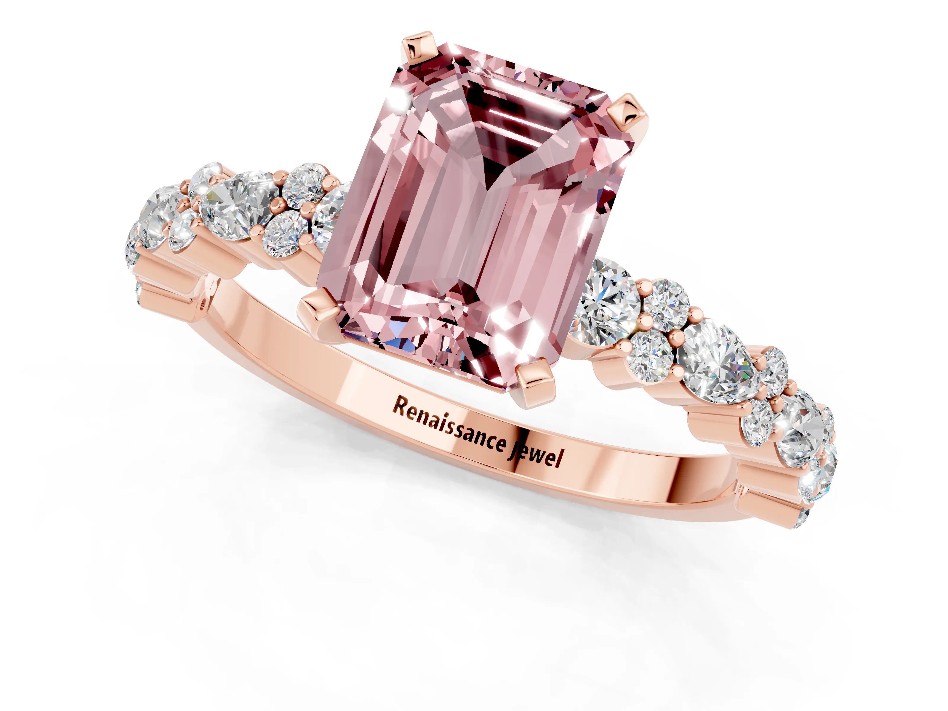 Rose gold Emerald Cut Morganite Solitaire with Side Stones, Pave Band, Four-Prong Setting_49