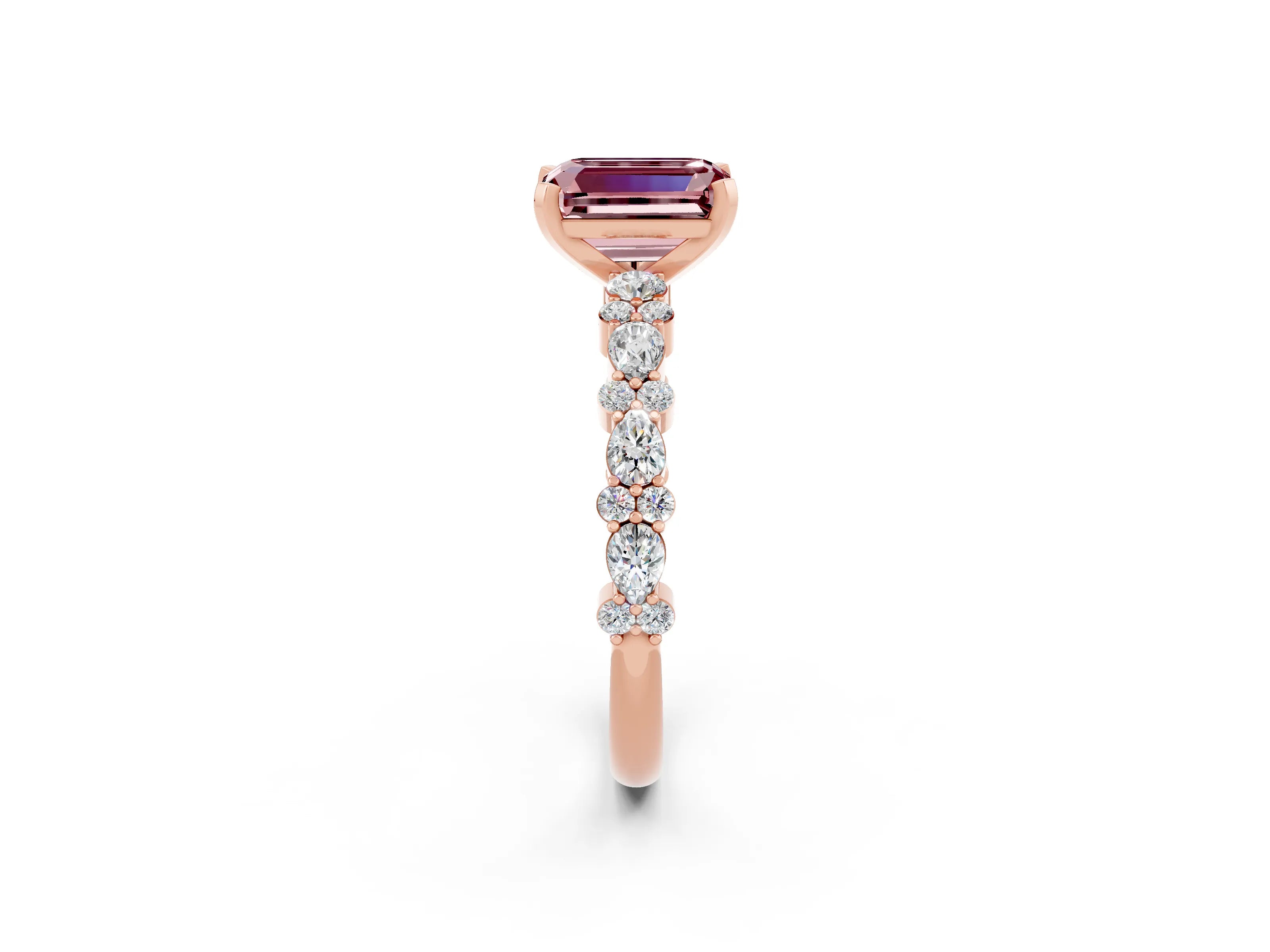 Rose gold Emerald Cut Morganite Solitaire with Side Stones, Pave Band, Four-Prong Setting_50