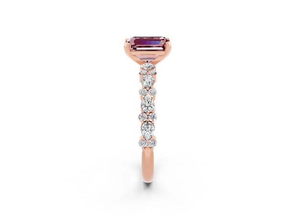 Rose gold Emerald Cut Morganite Side Stone Solitaire Ring with Round  and Four-Prong Setting