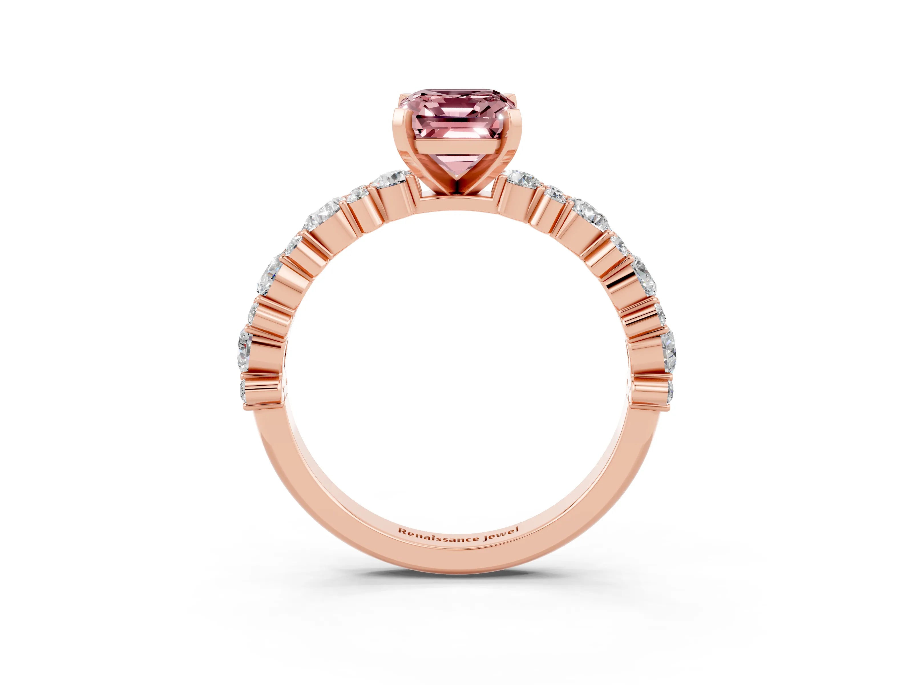 Rose gold Emerald Cut Morganite Solitaire with Side Stones, Pave Band, Four-Prong Setting_51
