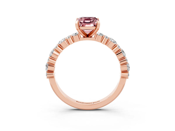 Rose gold Emerald Cut Morganite Side Stone Solitaire Ring with Round  and Four-Prong Setting