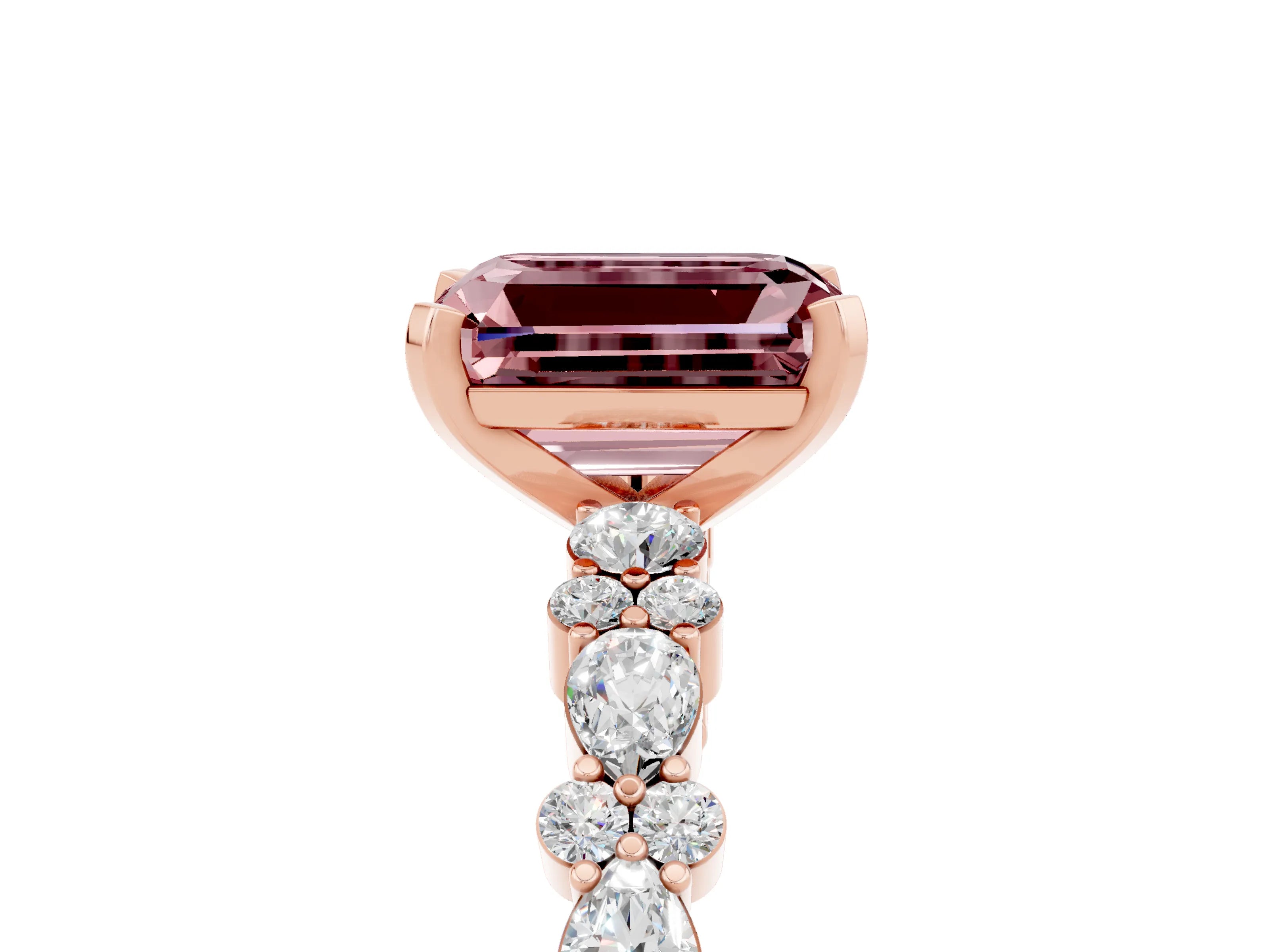 Rose gold Emerald Cut Morganite Solitaire with Side Stones, Pave Band, Four-Prong Setting_53