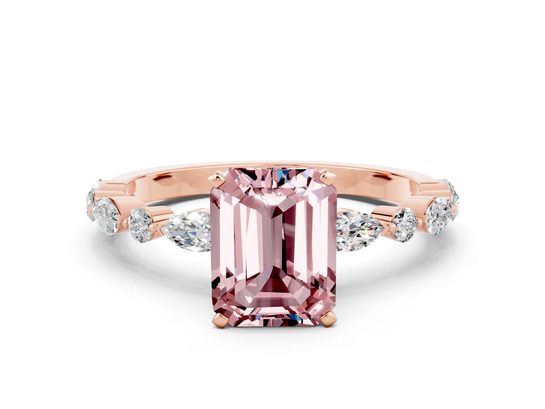 Rose gold Emerald Cut Morganite Solitaire with Side Stones on a Pavé Band and Four-Prong Setting