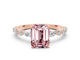 Rose gold Emerald Cut Morganite Solitaire with Side Stones on a Pavé Band and Four-Prong Setting