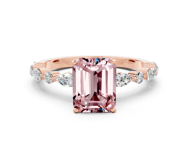 Rose gold Emerald Cut Morganite Ring with Marquise and Round  Side Stones and Four-Prong Setting