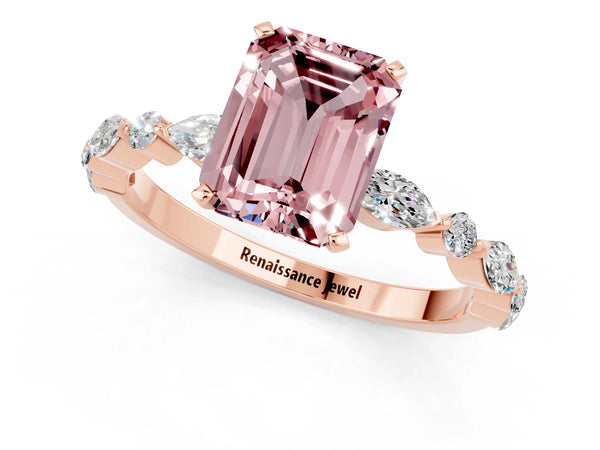 Rose gold Emerald Cut Morganite Ring with Marquise and Round  Side Stones and Four-Prong Setting