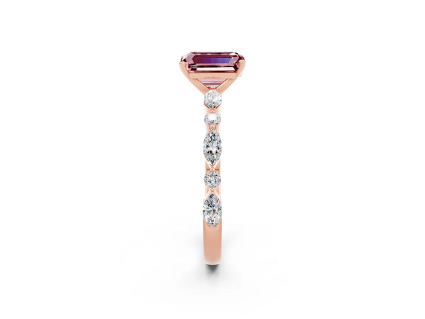 Rose gold Emerald Cut Morganite Ring with Marquise and Round  Side Stones and Four-Prong Setting