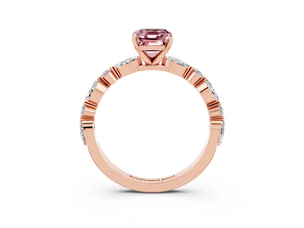 Rose gold Emerald Cut Morganite Ring with Marquise and Round  Side Stones and Four-Prong Setting
