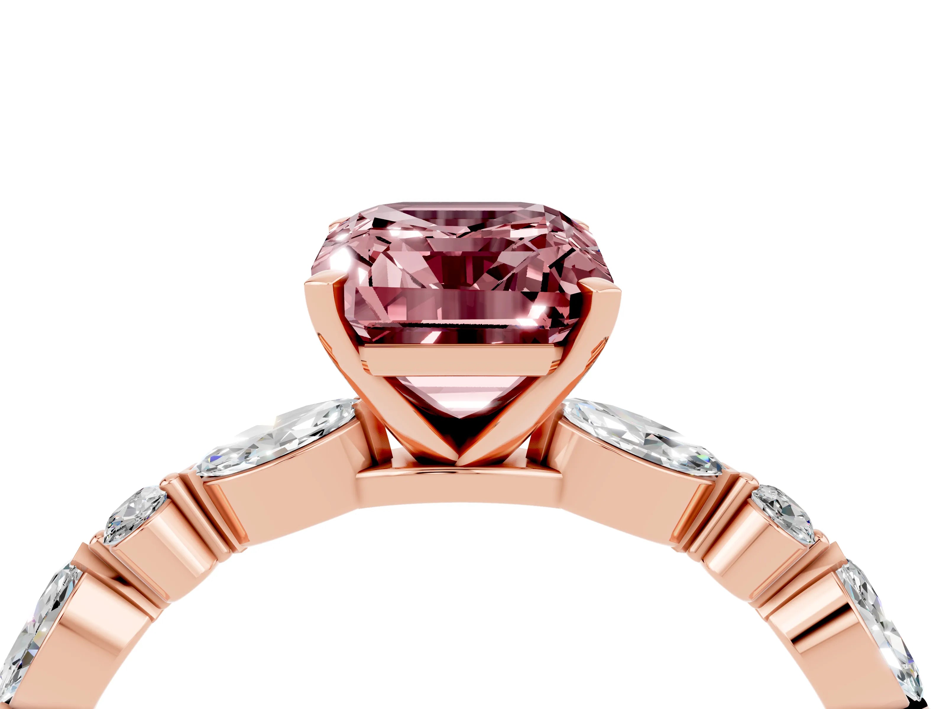 Rose gold Emerald Cut Morganite Solitaire with Side Stones on a Pavé Band and Four-Prong Setting_4