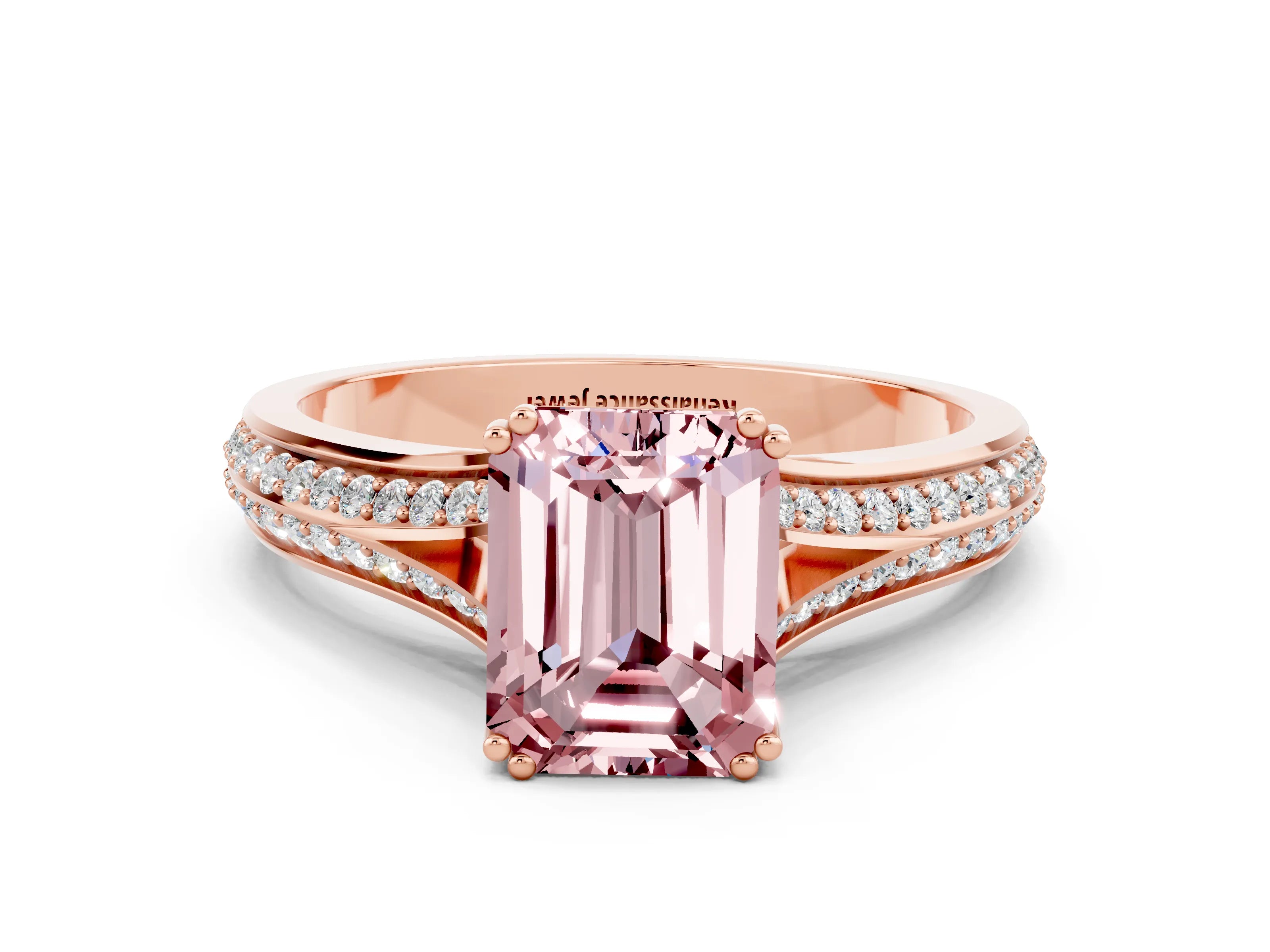 Rose gold Emerald Cut Morganite Split Shank Engagement Ring with Pavé Band