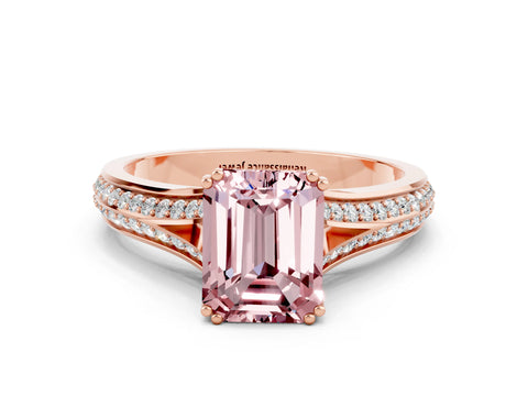 Rose gold Emerald Cut Morganite Split Shank Engagement Ring with Pavé Band