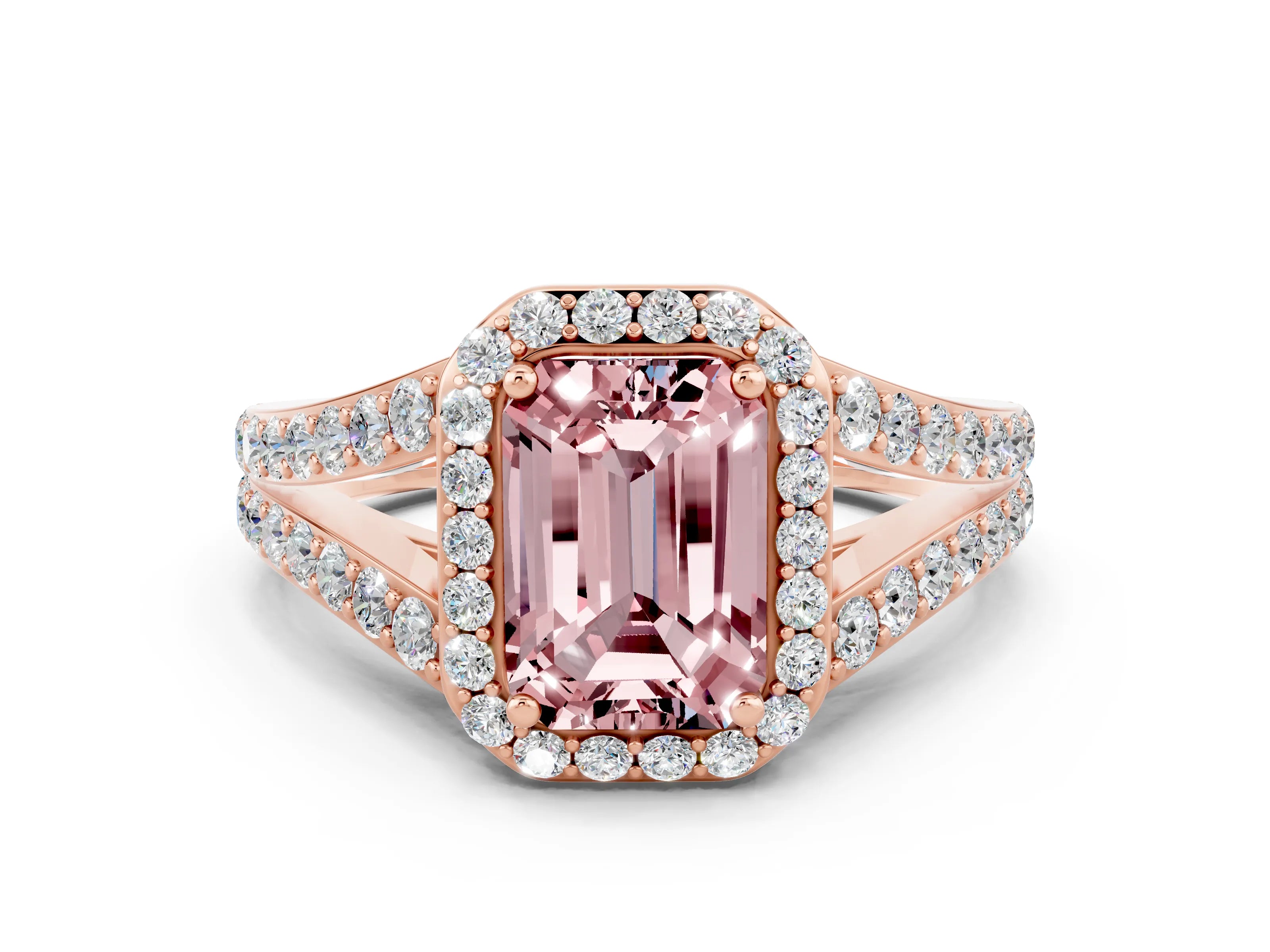 Rose gold Emerald Cut Morganite Split Shank Halo Ring with Four-Prong Setting_12