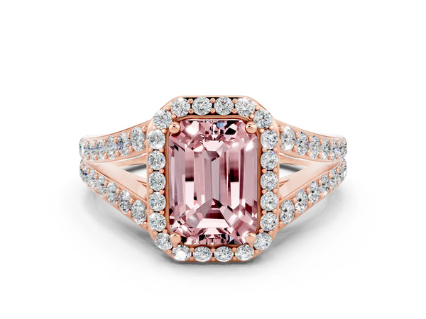 Rose gold Emerald Cut Morganite Split Shank Halo Ring with Four-Prong Setting