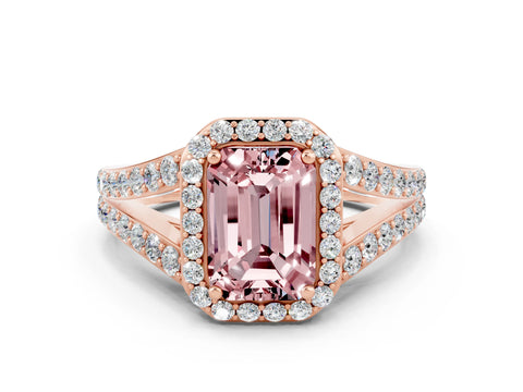 Rose gold Emerald Cut Morganite Split Shank Halo Ring with Four-Prong Setting_12