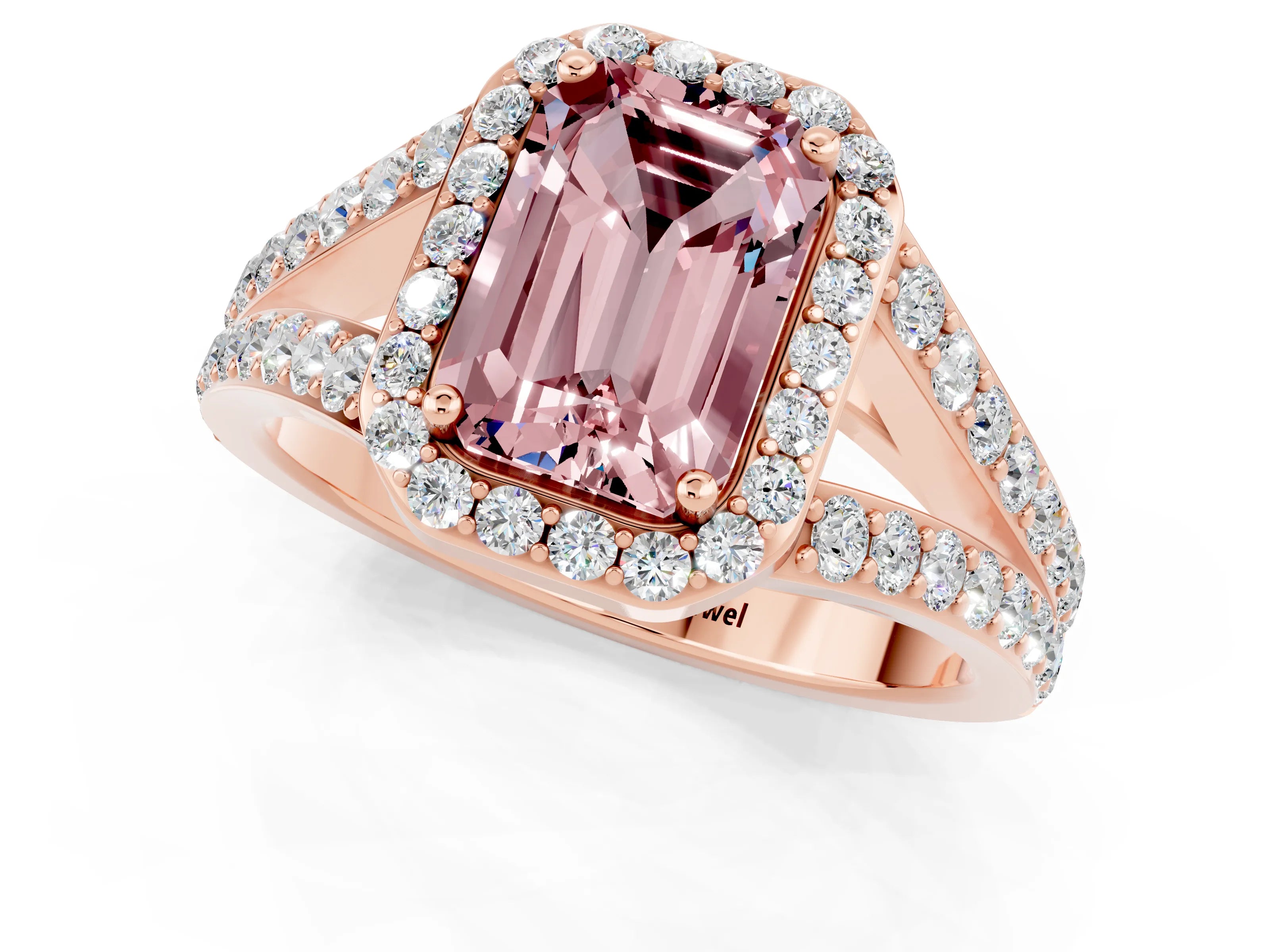 Rose gold Emerald Cut Morganite Split Shank Halo Ring with Four-Prong Setting_13