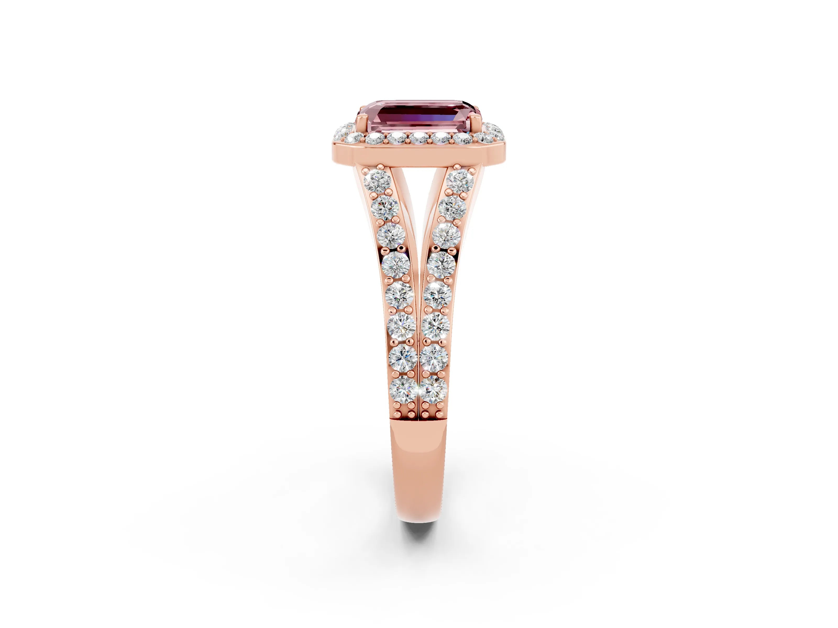 Rose gold Emerald Cut Morganite Split Shank Halo Ring with Four-Prong Setting_14