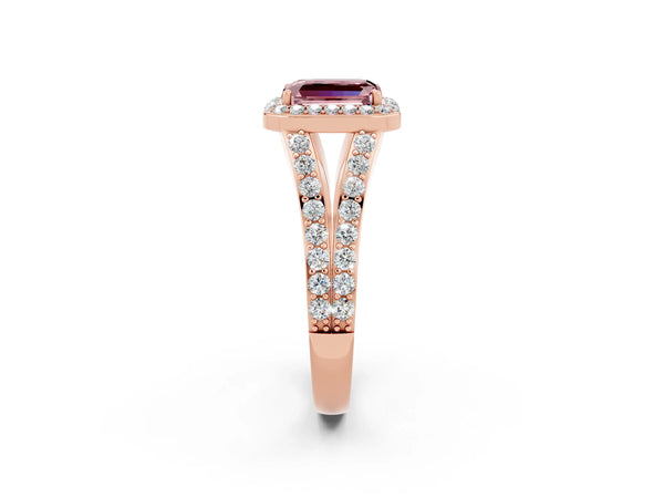 Rose gold Emerald Cut Morganite Split Shank Halo Ring with Four-Prong Setting