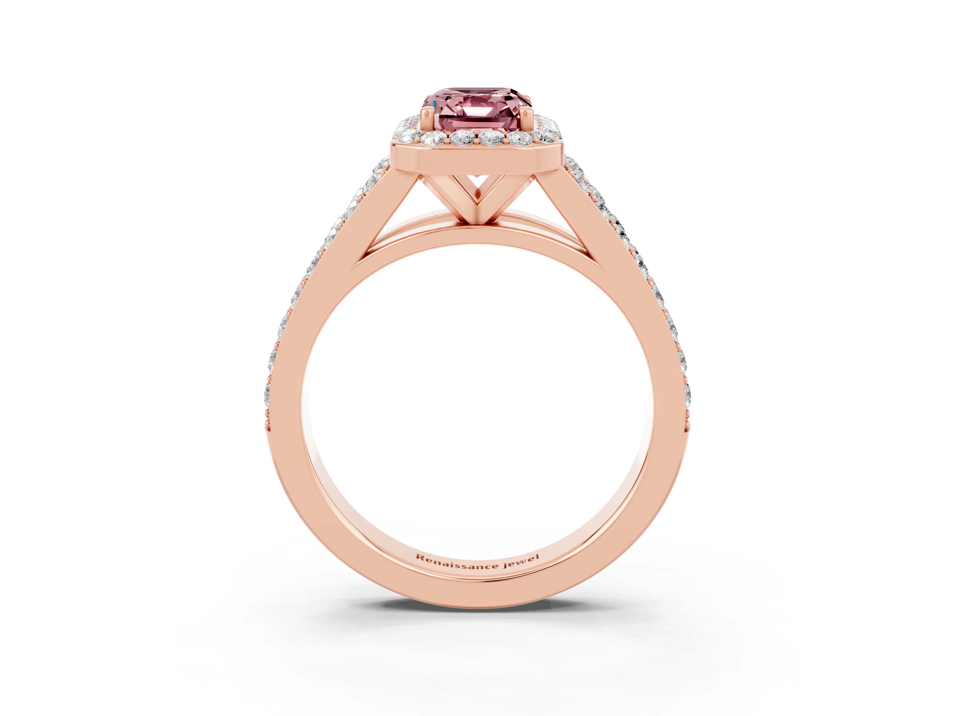 Rose gold Emerald Cut Morganite Split Shank Halo Ring with Four-Prong Setting_15