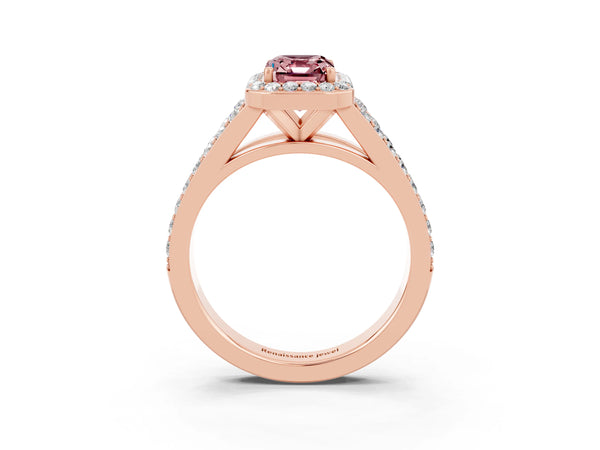 Rose gold Emerald Cut Morganite Split Shank Halo Ring with Four-Prong Setting