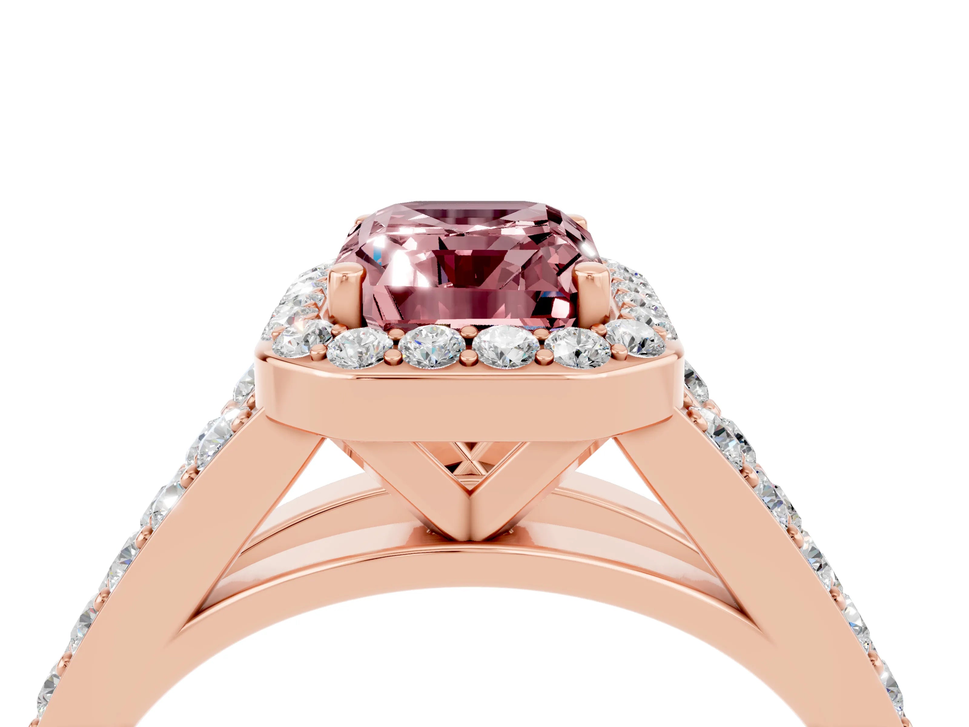 Rose gold Emerald Cut Morganite Split Shank Halo Ring with Four-Prong Setting_16