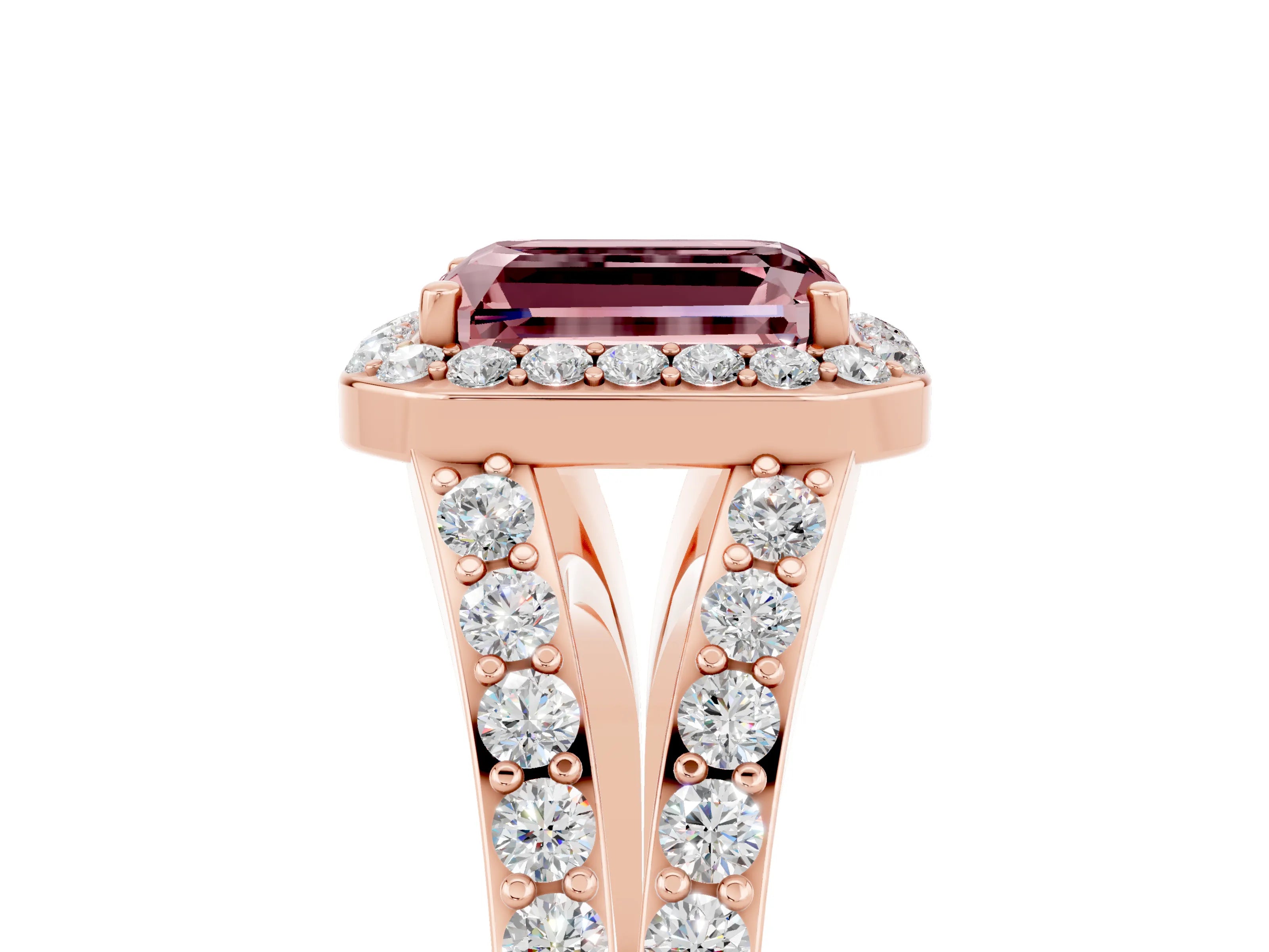 Rose gold Emerald Cut Morganite Split Shank Halo Ring with Four-Prong Setting_17