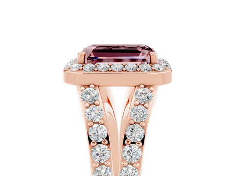 Rose gold Emerald Cut Morganite Split Shank Halo Ring with Four-Prong Setting_17