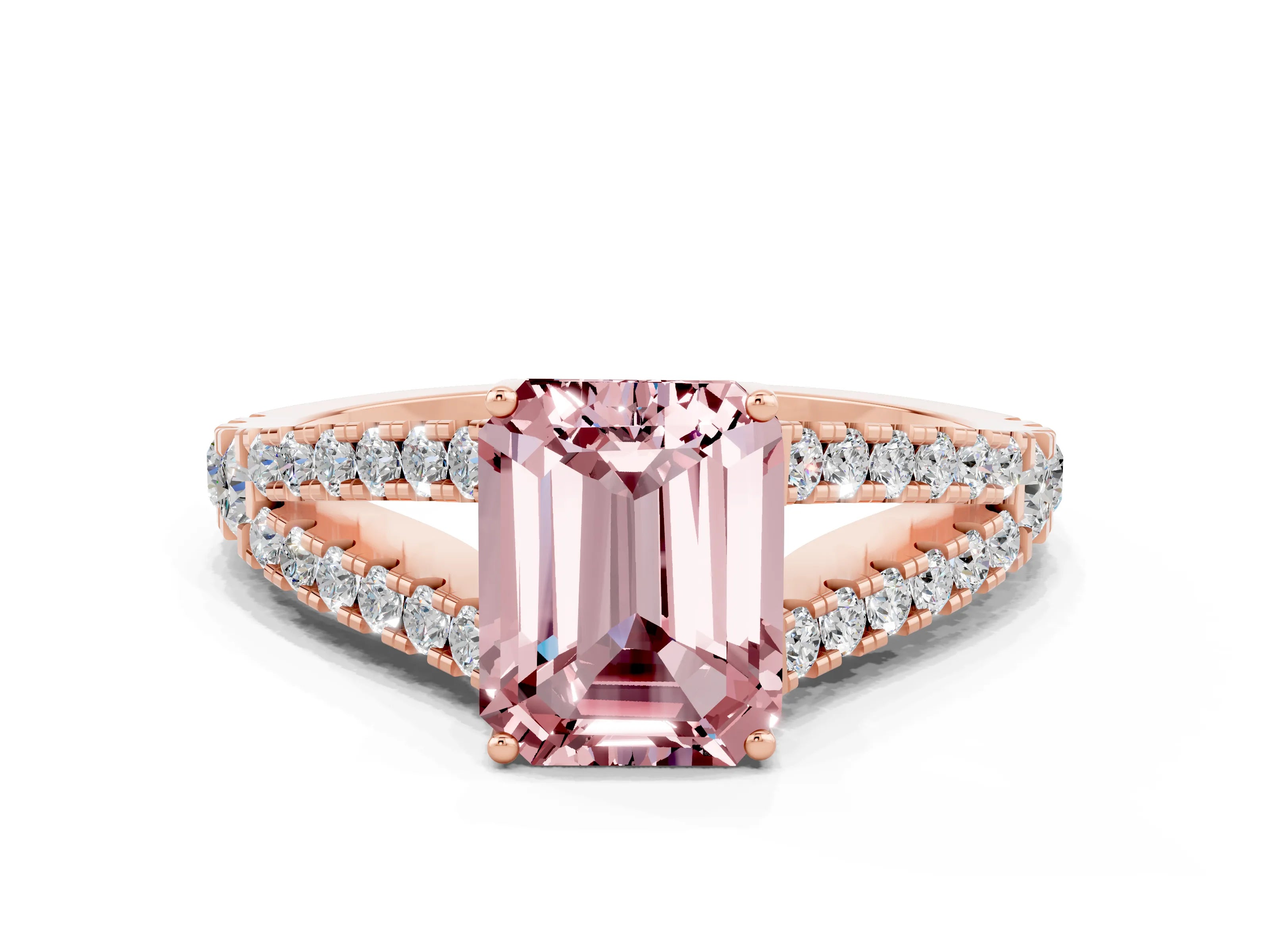 Rose gold Emerald Cut Morganite Split Shank Pavé Engagement Ring with Four-Prong Setting_12