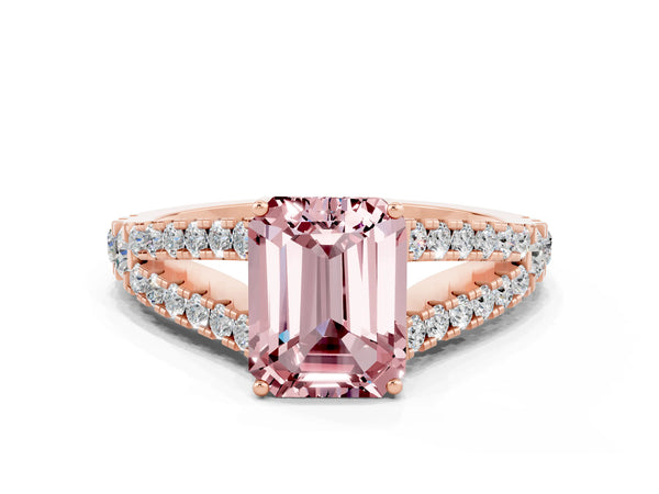 Rose gold Emerald Cut Morganite Split Shank Pavé Engagement Ring with Four-Prong Setting