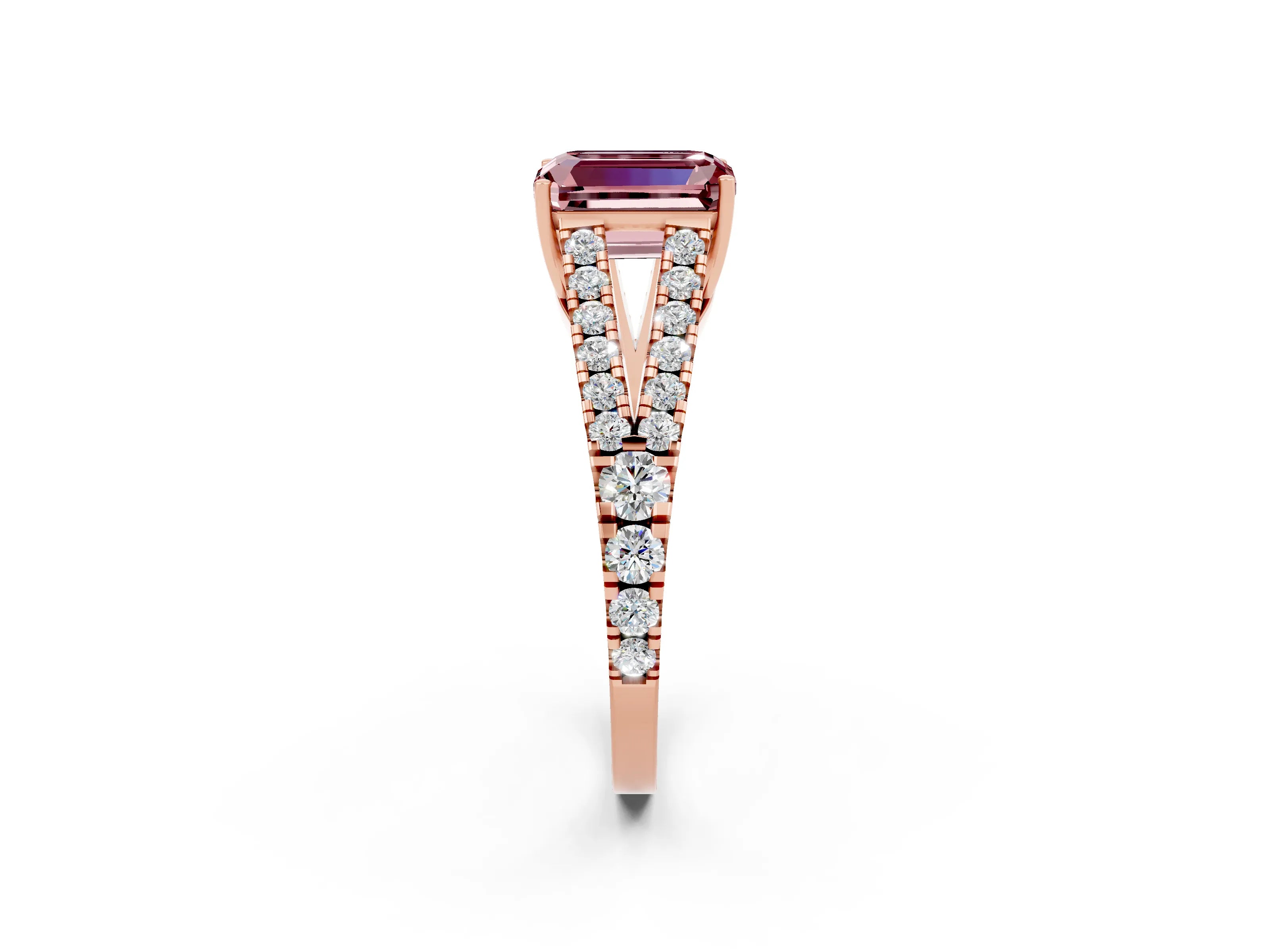 Rose gold Emerald Cut Morganite Split Shank Pavé Engagement Ring with Four-Prong Setting_14