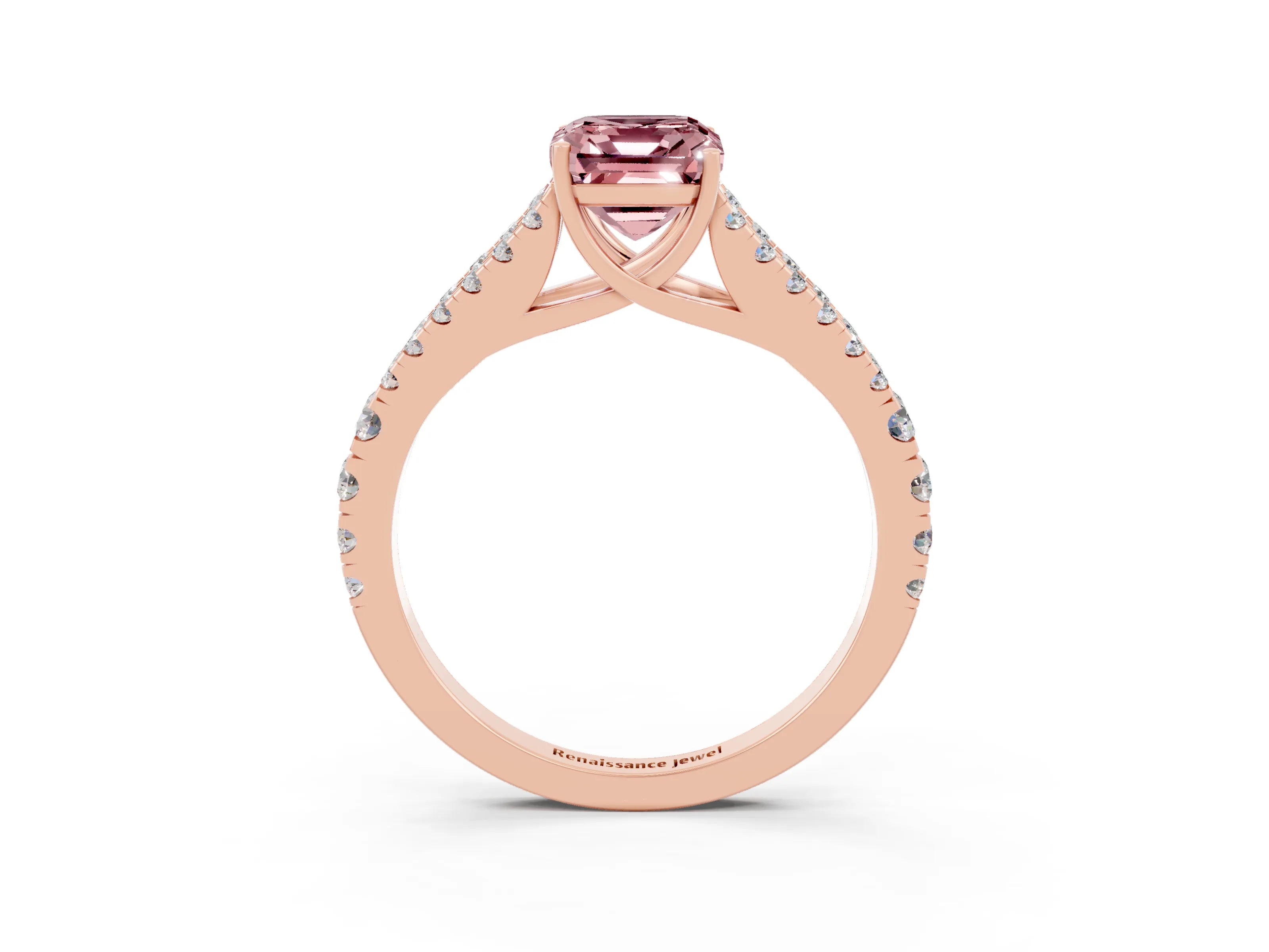 Rose gold Emerald Cut Morganite Split Shank Pavé Engagement Ring with Four-Prong Setting_15