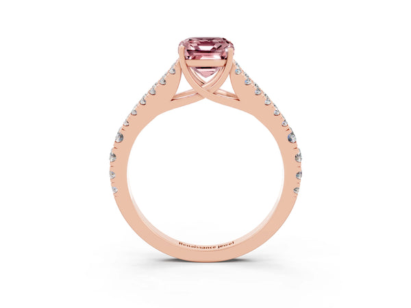 Rose gold Emerald Cut Morganite Split Shank Pavé Engagement Ring with Four-Prong Setting