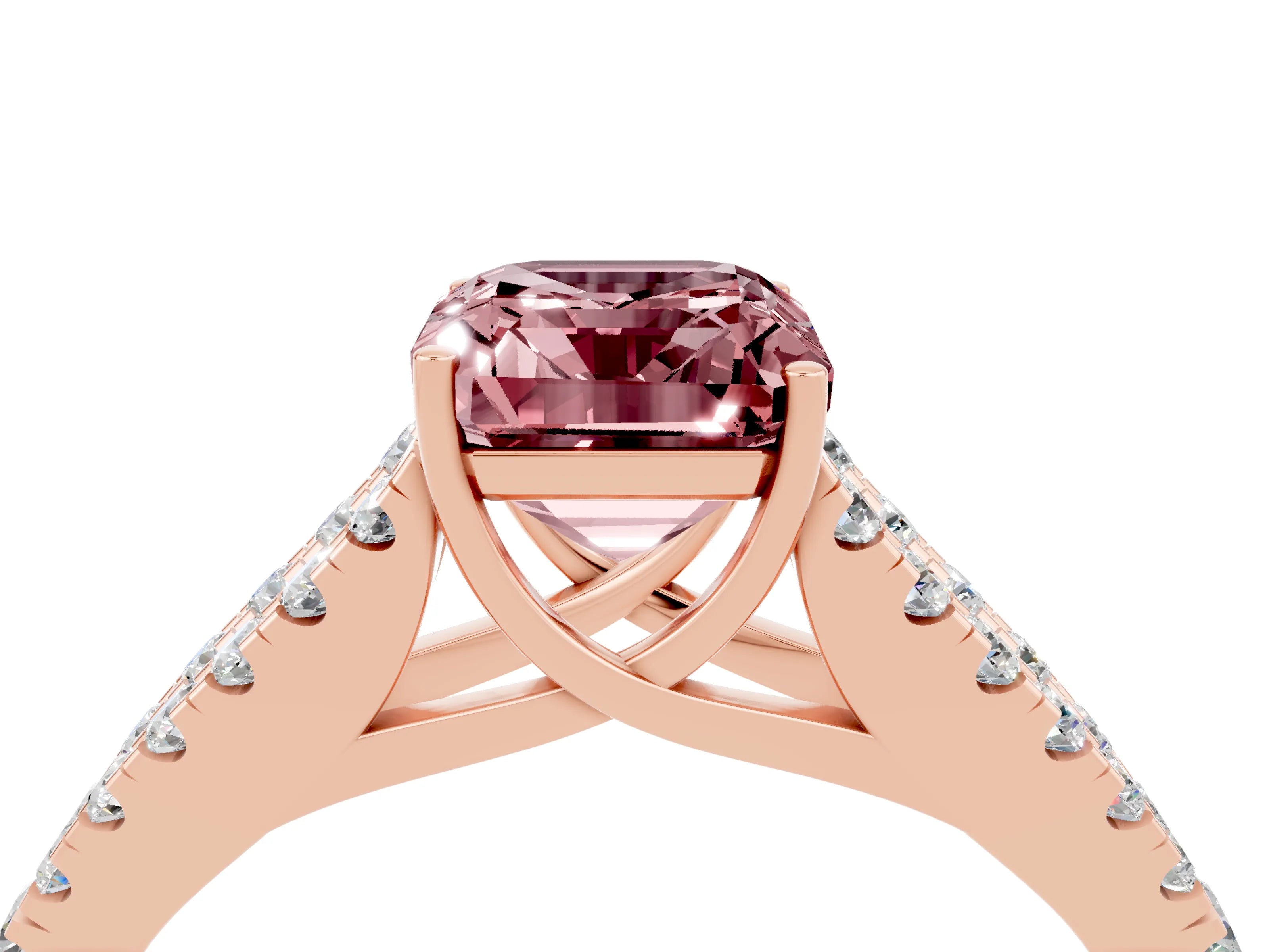 Rose gold Emerald Cut Morganite Split Shank Pavé Engagement Ring with Four-Prong Setting_16
