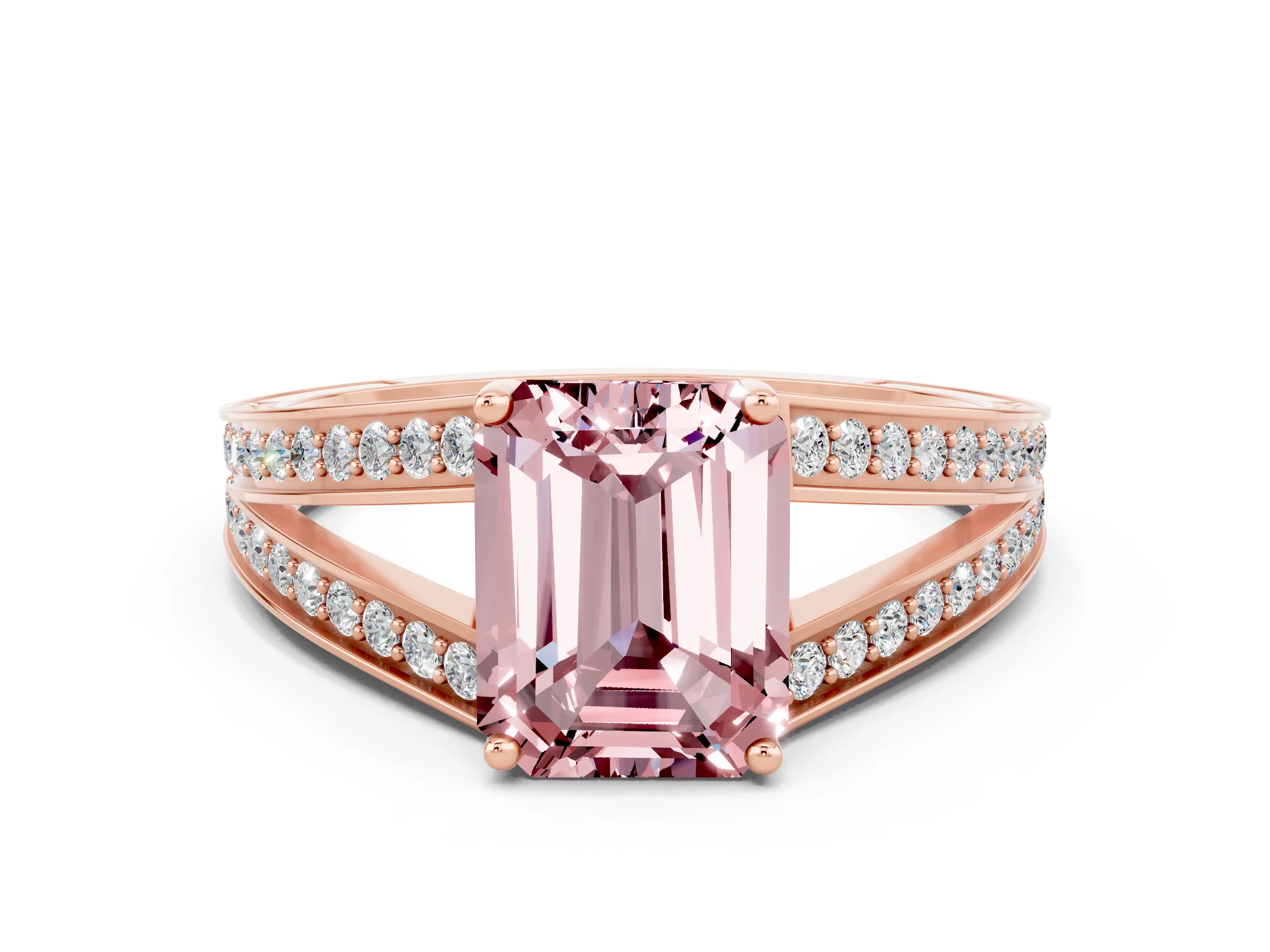 Rose gold Emerald Cut Morganite Split Shank Ring with Pavé Band and Four-Prong Setting_2
