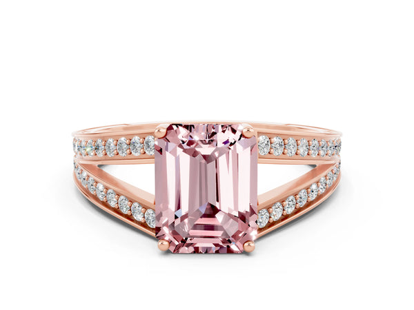 Rose gold Emerald Cut Morganite Split Shank Ring with Pavé Band and Four-Prong Setting