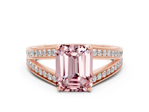 Rose gold Emerald Cut Morganite Split Shank Ring with Pavé Band and Four-Prong Setting_2