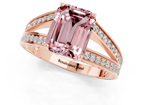 Rose gold Emerald Cut Morganite Split Shank Ring with Pavé Band and Four-Prong Setting_3