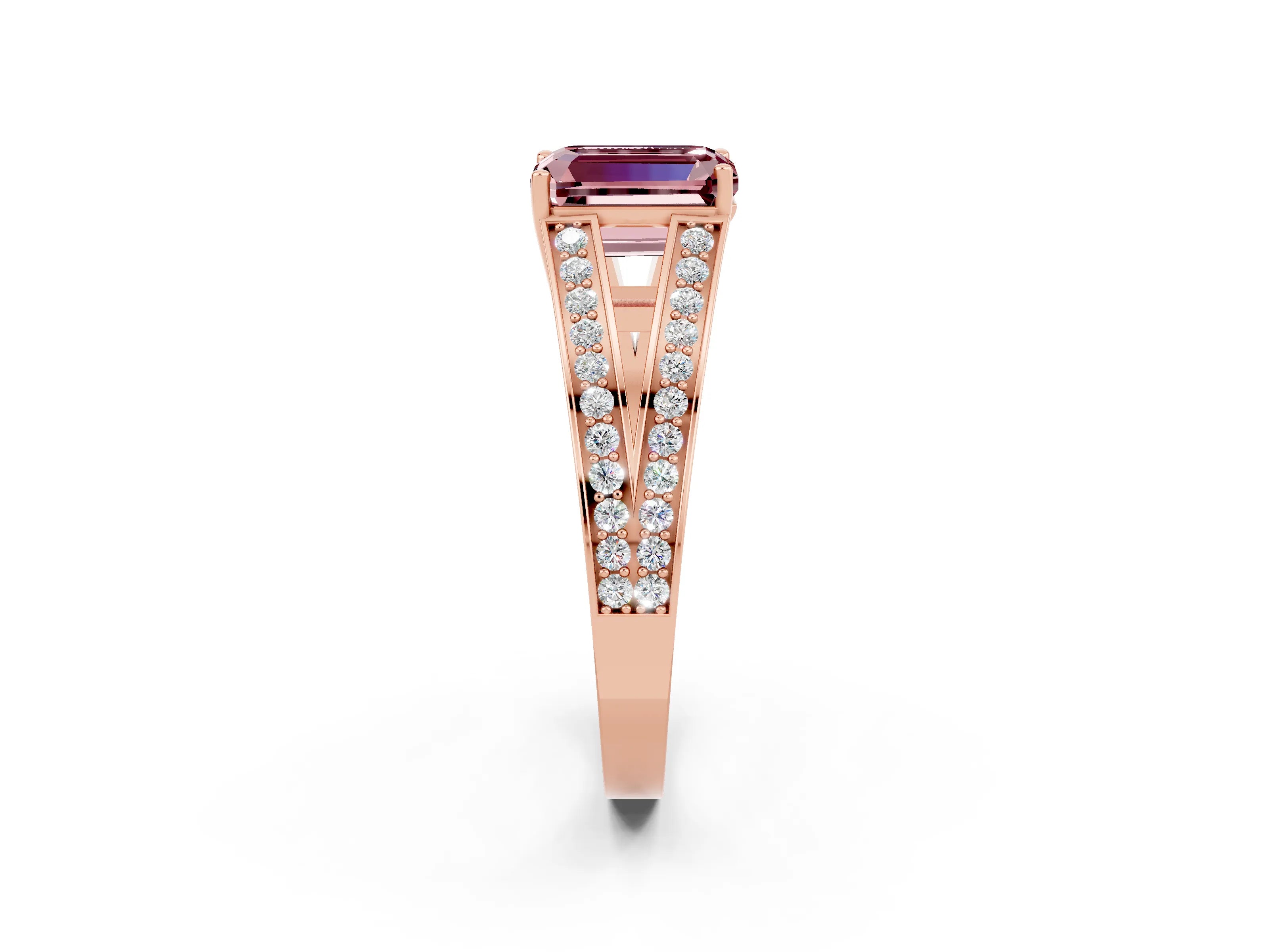 Rose gold Emerald Cut Morganite Split Shank Ring with Pavé Band and Four-Prong Setting_4