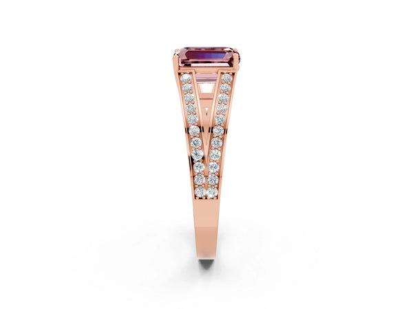 Rose gold Emerald Cut Morganite Split Shank Ring with Pavé Band and Four-Prong Setting