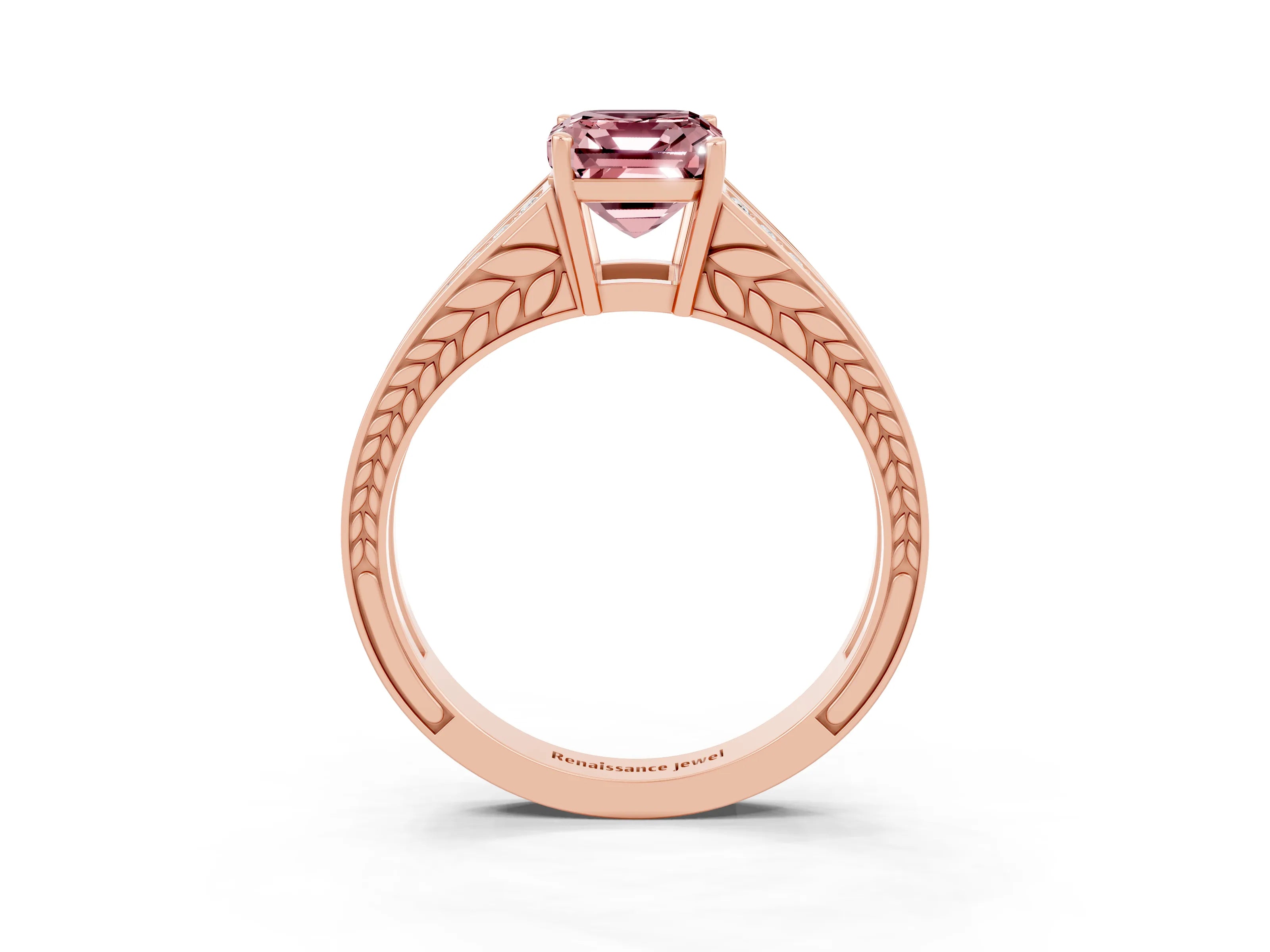 Rose gold Emerald Cut Morganite Split Shank Ring with Pavé Band and Four-Prong Setting_5