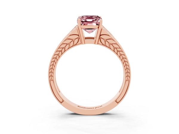 Rose gold Emerald Cut Morganite Split Shank Ring with Pavé Band and Four-Prong Setting