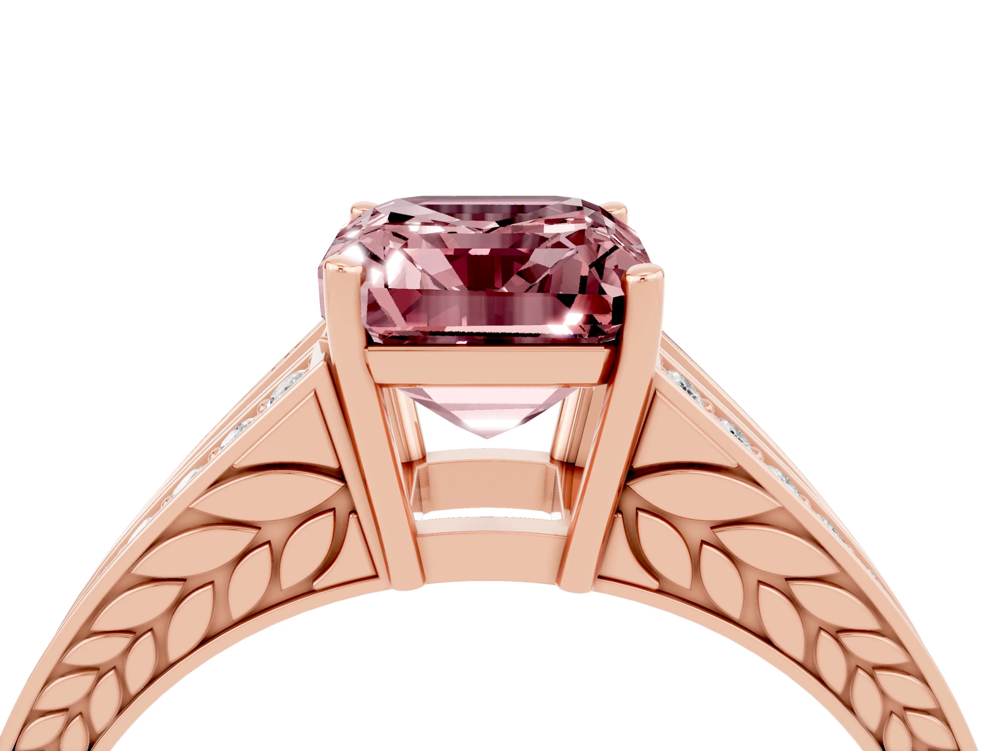 Rose gold Emerald Cut Morganite Split Shank Ring with Pavé Band and Four-Prong Setting_6