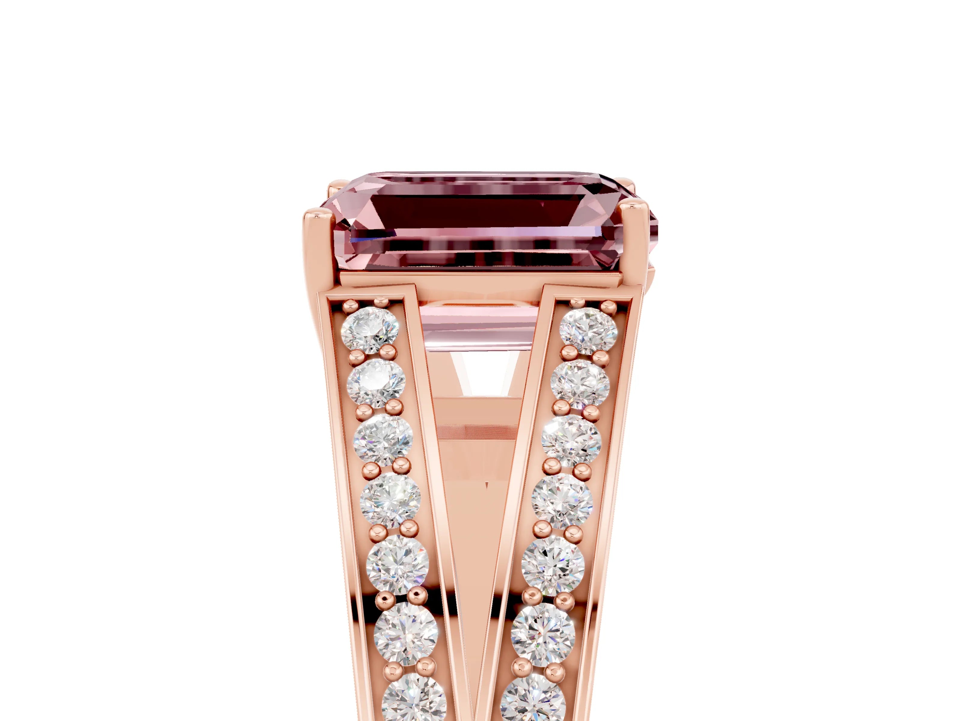 Rose gold Emerald Cut Morganite Split Shank Ring with Pavé Band and Four-Prong Setting_7