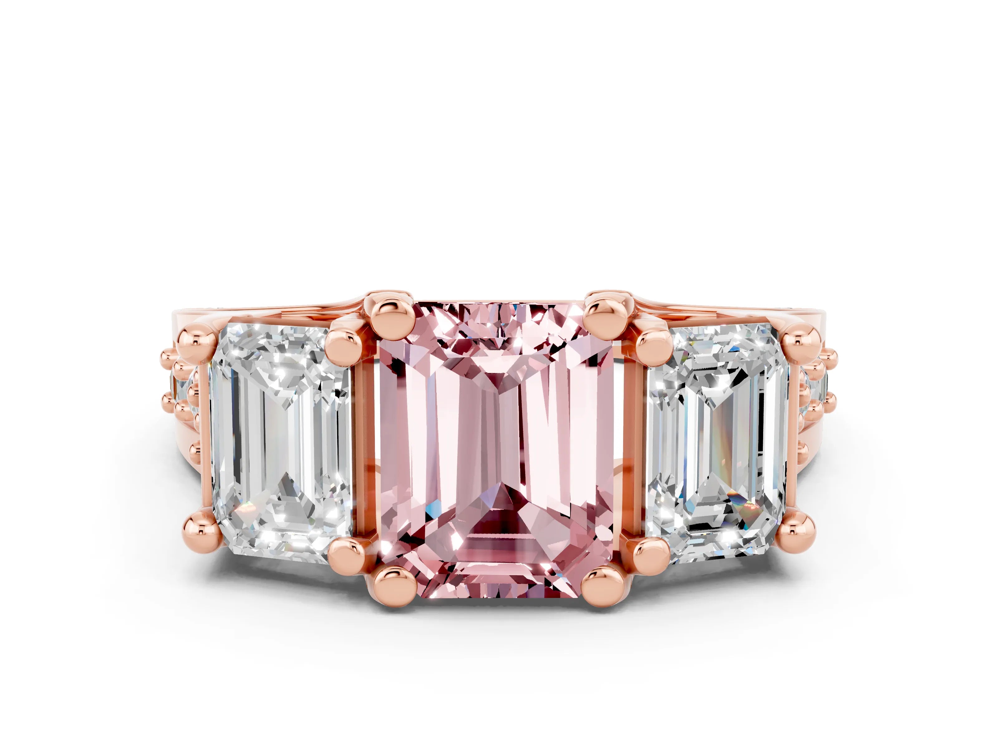 Rose gold Emerald Cut Morganite Three-Stone Ring with Channel Set Band and Four-Prong Setting