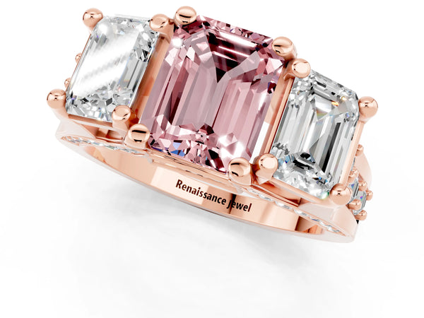 Rose gold Emerald Cut Morganite Three-Stone Ring with Channel Set Band and Four-Prong Setting