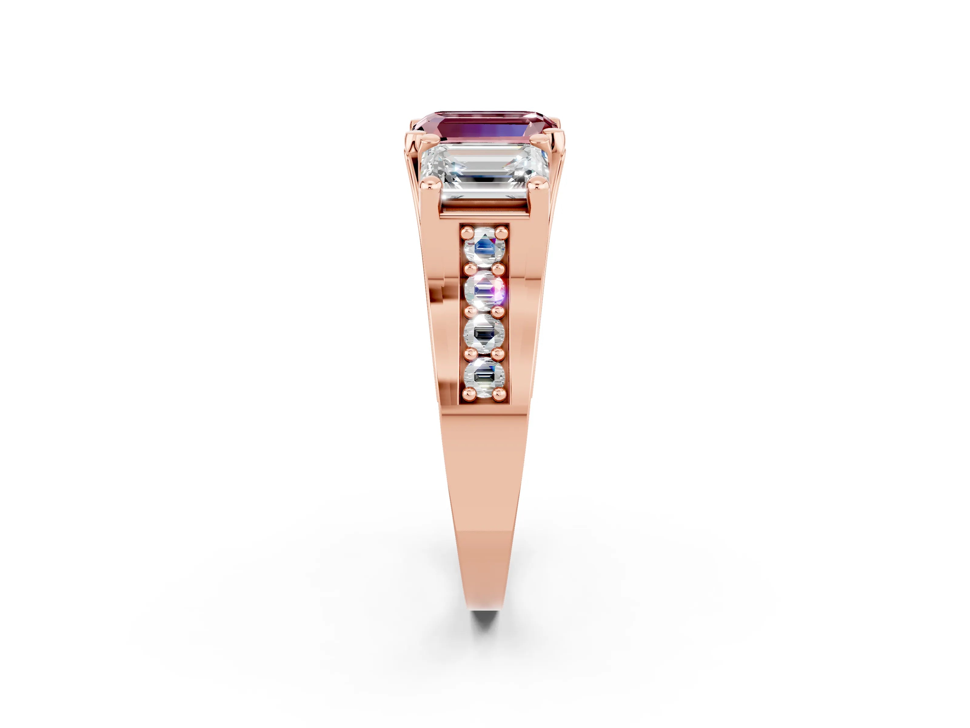 Rose gold Emerald Cut Morganite Three-Stone Ring with Channel Set Band and Four-Prong Setting_2
