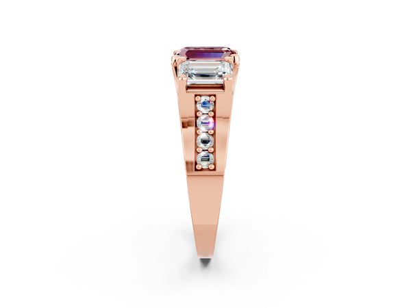 Rose gold Emerald Cut Morganite Three-Stone Ring with Channel Set Band and Four-Prong Setting