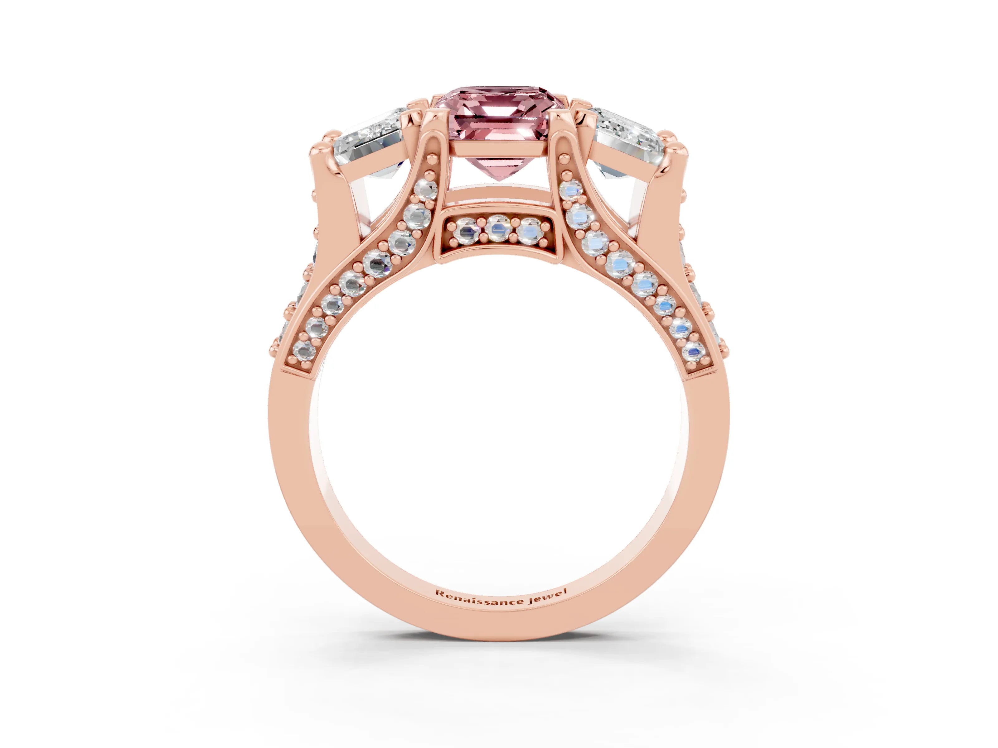 Rose gold Emerald Cut Morganite Three-Stone Ring with Channel Set Band and Four-Prong Setting_3