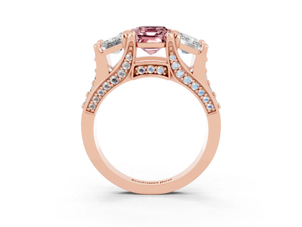 Rose gold Emerald Cut Morganite Three-Stone Ring with Channel Set Band and Four-Prong Setting